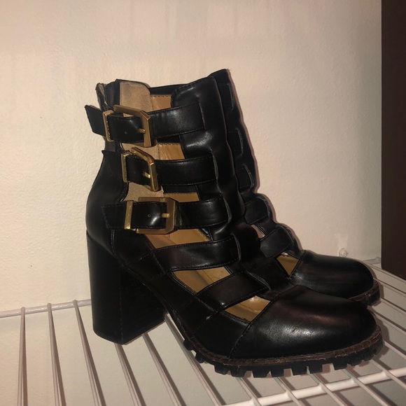 Black Leather Booties with Gold Buckles - Picture 2 of 3